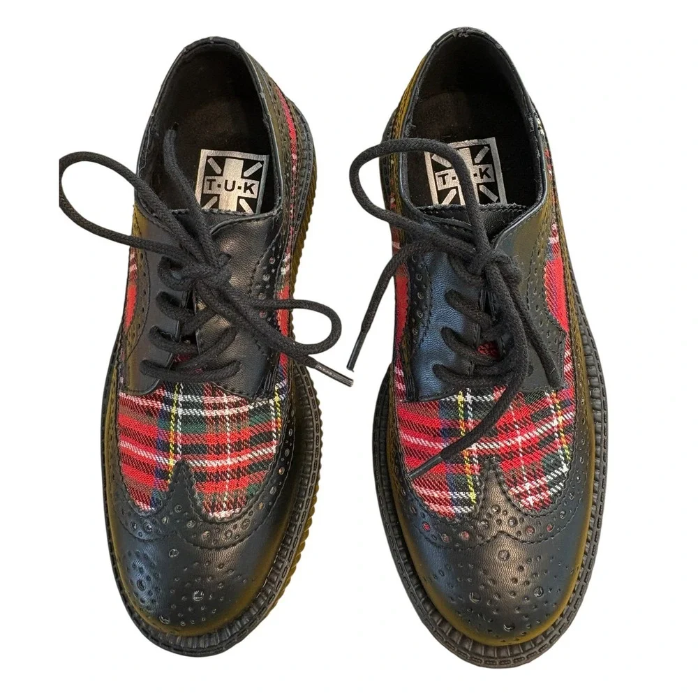 T.U.K. Red Plaid Wingtip Creeper Shoes Black Platform Brogue Womens 6 Mens 4